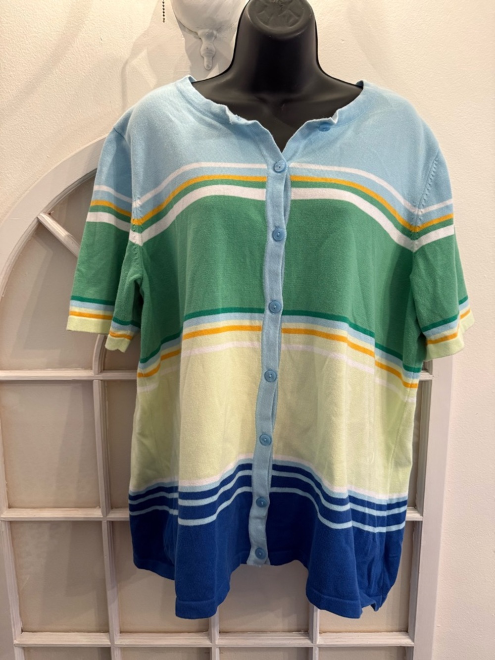 CJ Banks Multi-Stripe Button-Front Knit Top - Blue, Green & Yellow